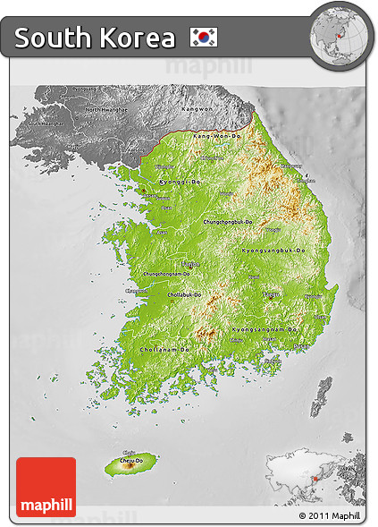 Physical 3D Map of South Korea, desaturated