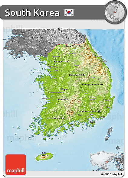 Physical 3D Map of South Korea, desaturated, land only