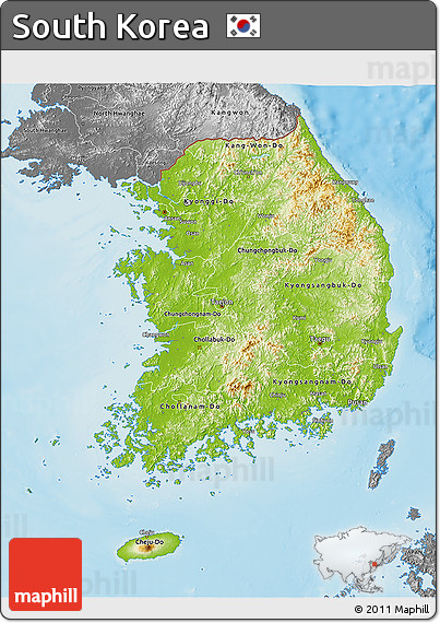 Physical 3D Map of South Korea, desaturated, land only