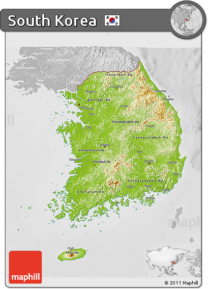 Physical 3D Map of South Korea, lighten, desaturated