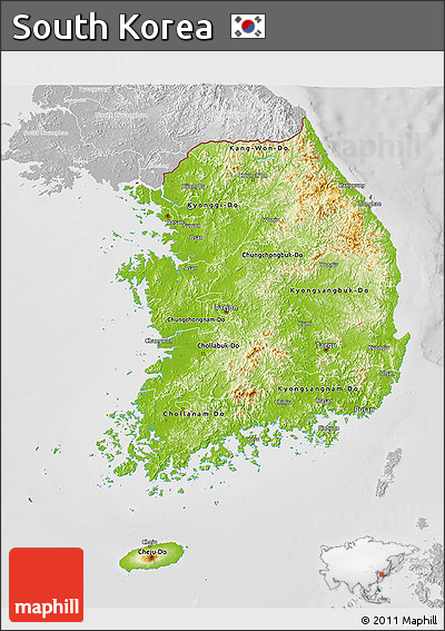 Physical 3D Map of South Korea, lighten, desaturated