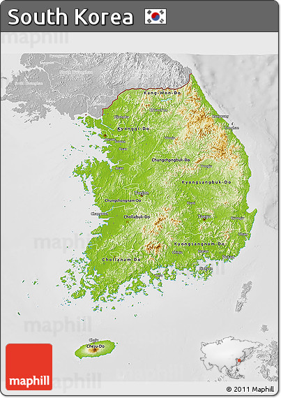 Physical 3D Map of South Korea, lighten, desaturated