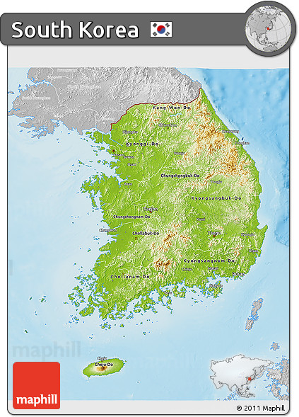 Physical 3D Map of South Korea, lighten, desaturated, land only
