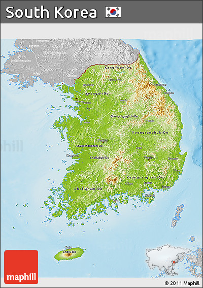 Physical 3D Map of South Korea, lighten, desaturated, land only