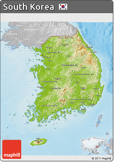 Physical 3D Map of South Korea, lighten, desaturated, land only