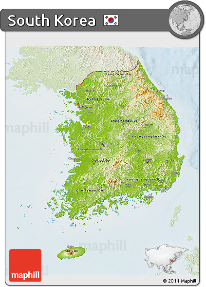 Physical 3D Map of South Korea, lighten