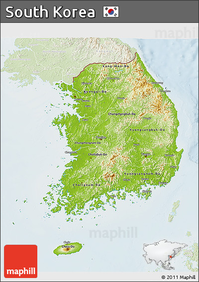 Physical 3D Map of South Korea, lighten