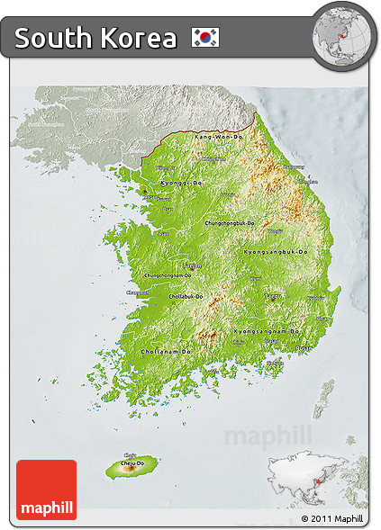 Physical 3D Map of South Korea, lighten, semi-desaturated
