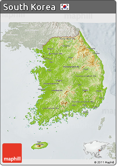 Physical 3D Map of South Korea, lighten, semi-desaturated