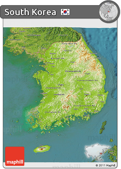 Physical 3D Map of South Korea, satellite outside
