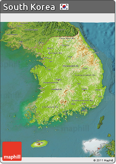 Physical 3D Map of South Korea, satellite outside