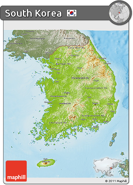 Physical 3D Map of South Korea, semi-desaturated, land only