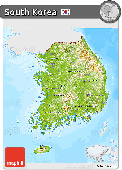 Physical 3D Map of South Korea, single color outside, bathymetry sea