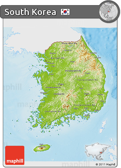 Physical 3D Map of South Korea, single color outside