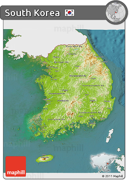 Physical 3D Map of South Korea, single color outside, satellite sea