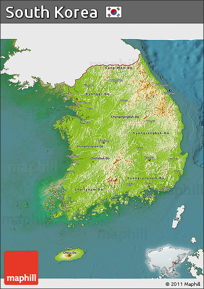 Physical 3D Map of South Korea, single color outside, satellite sea
