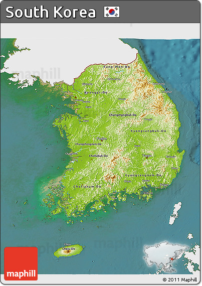 Physical 3D Map of South Korea, single color outside, satellite sea