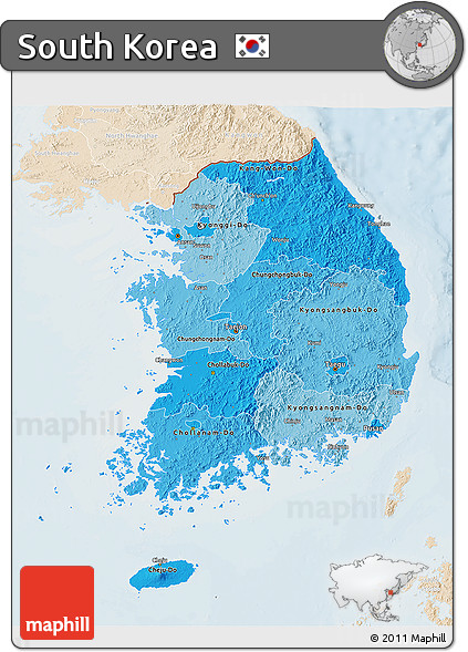 Political Shades 3D Map of South Korea, lighten