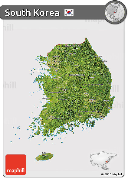 Satellite 3D Map of South Korea, cropped outside