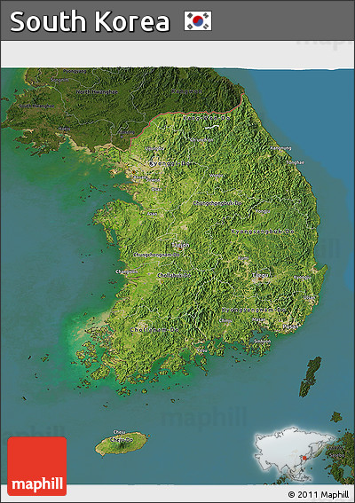 Satellite 3D Map of South Korea, darken, land only