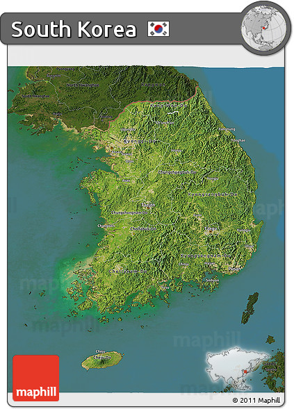 Satellite 3D Map of South Korea, darken, land only
