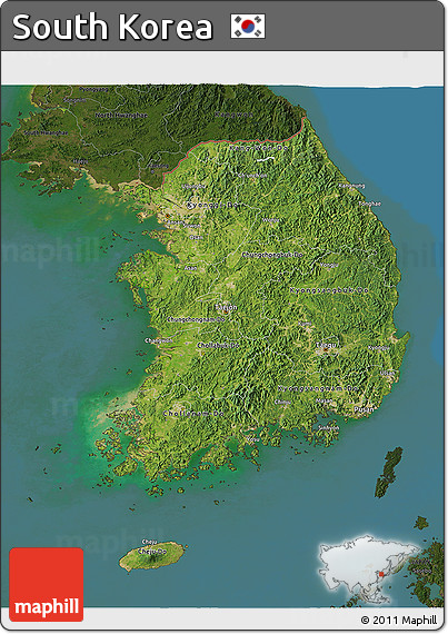 Satellite 3D Map of South Korea, darken, land only