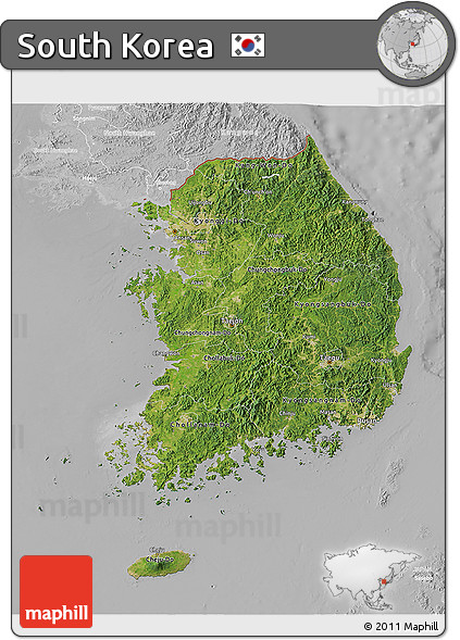 Satellite 3D Map of South Korea, lighten, desaturated