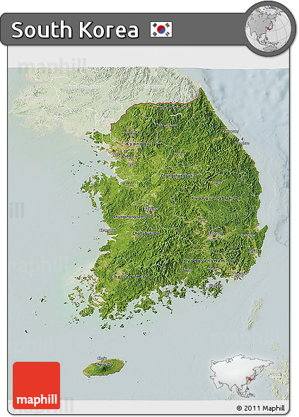 Satellite 3D Map of South Korea, lighten