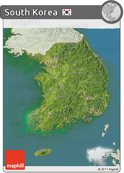 Satellite 3D Map of South Korea, lighten, land only