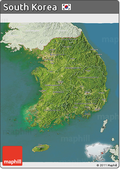 Satellite 3D Map of South Korea, lighten, land only
