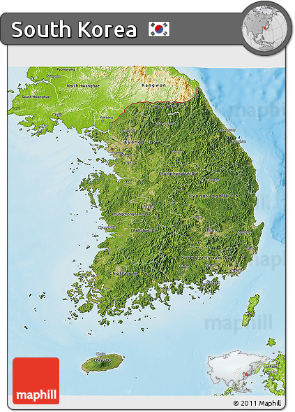 Satellite 3D Map of South Korea, physical outside