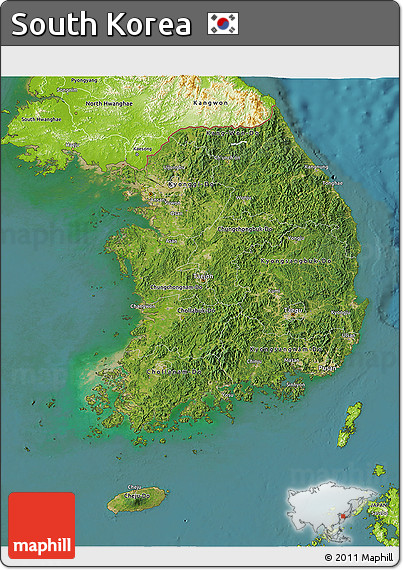 Satellite 3D Map of South Korea, physical outside, satellite sea