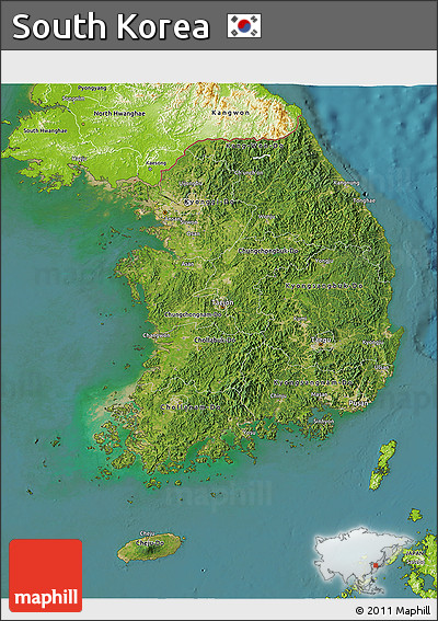 Satellite 3D Map of South Korea, physical outside, satellite sea
