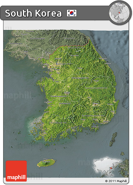 Satellite 3D Map of South Korea, semi-desaturated