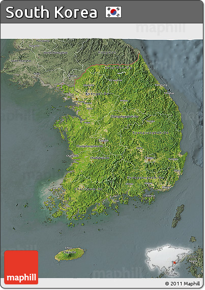 Satellite 3D Map of South Korea, semi-desaturated