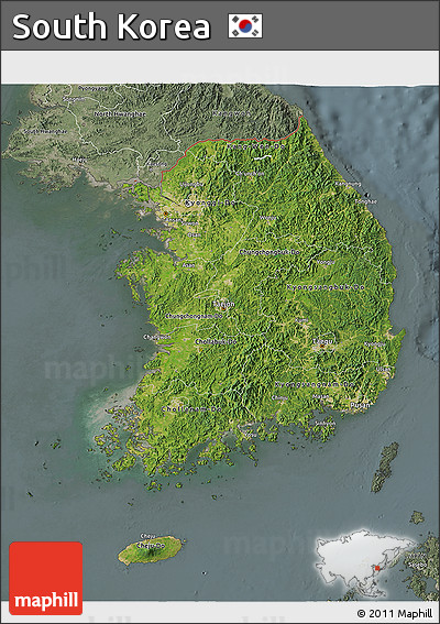 Satellite 3D Map of South Korea, semi-desaturated