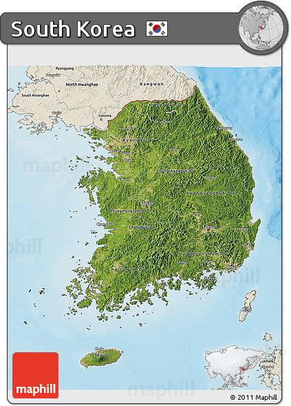Satellite 3D Map of South Korea, shaded relief outside
