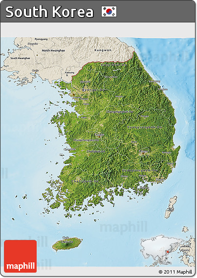 Satellite 3D Map of South Korea, shaded relief outside