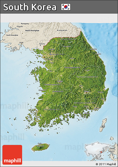 Satellite 3D Map of South Korea, shaded relief outside