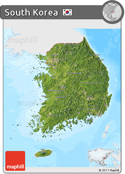 Satellite 3D Map of South Korea, single color outside, bathymetry sea
