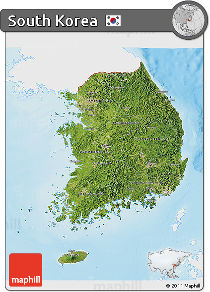Satellite 3D Map of South Korea, single color outside, shaded relief sea