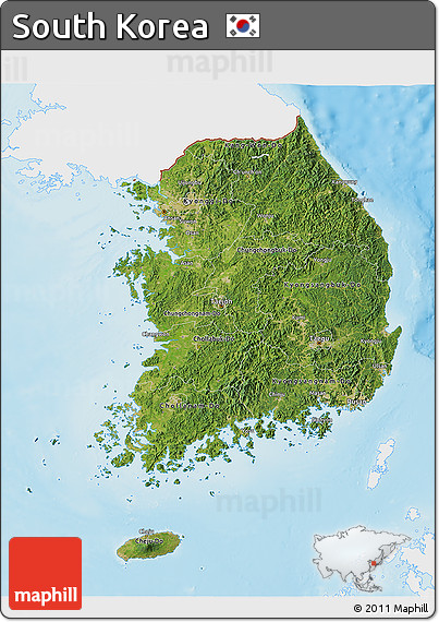 Satellite 3D Map of South Korea, single color outside, shaded relief sea