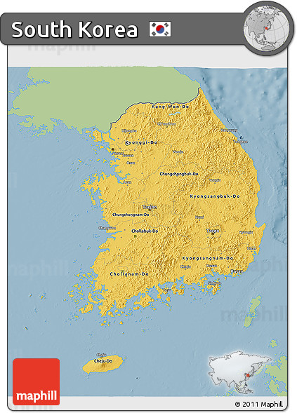 Savanna Style 3D Map of South Korea, single color outside