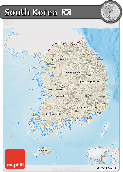 Shaded Relief 3D Map of South Korea, single color outside