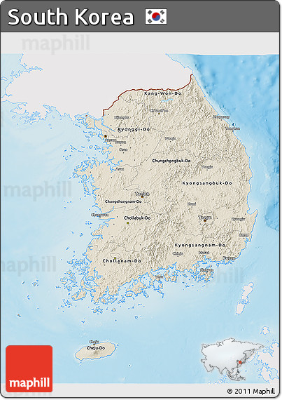 Shaded Relief 3D Map of South Korea, single color outside
