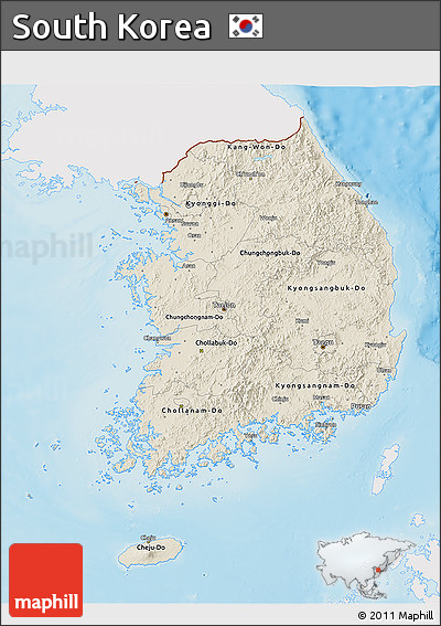 Shaded Relief 3D Map of South Korea, single color outside