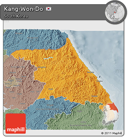 Political 3D Map of Kang-Won-Do, semi-desaturated