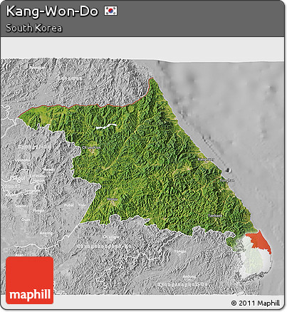 Satellite 3D Map of Kang-Won-Do, lighten, desaturated