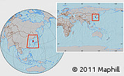Gray Location Map of South Korea, within the entire continent, hill shading