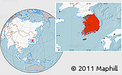 Gray Location Map of South Korea, highlighted continent, hill shading